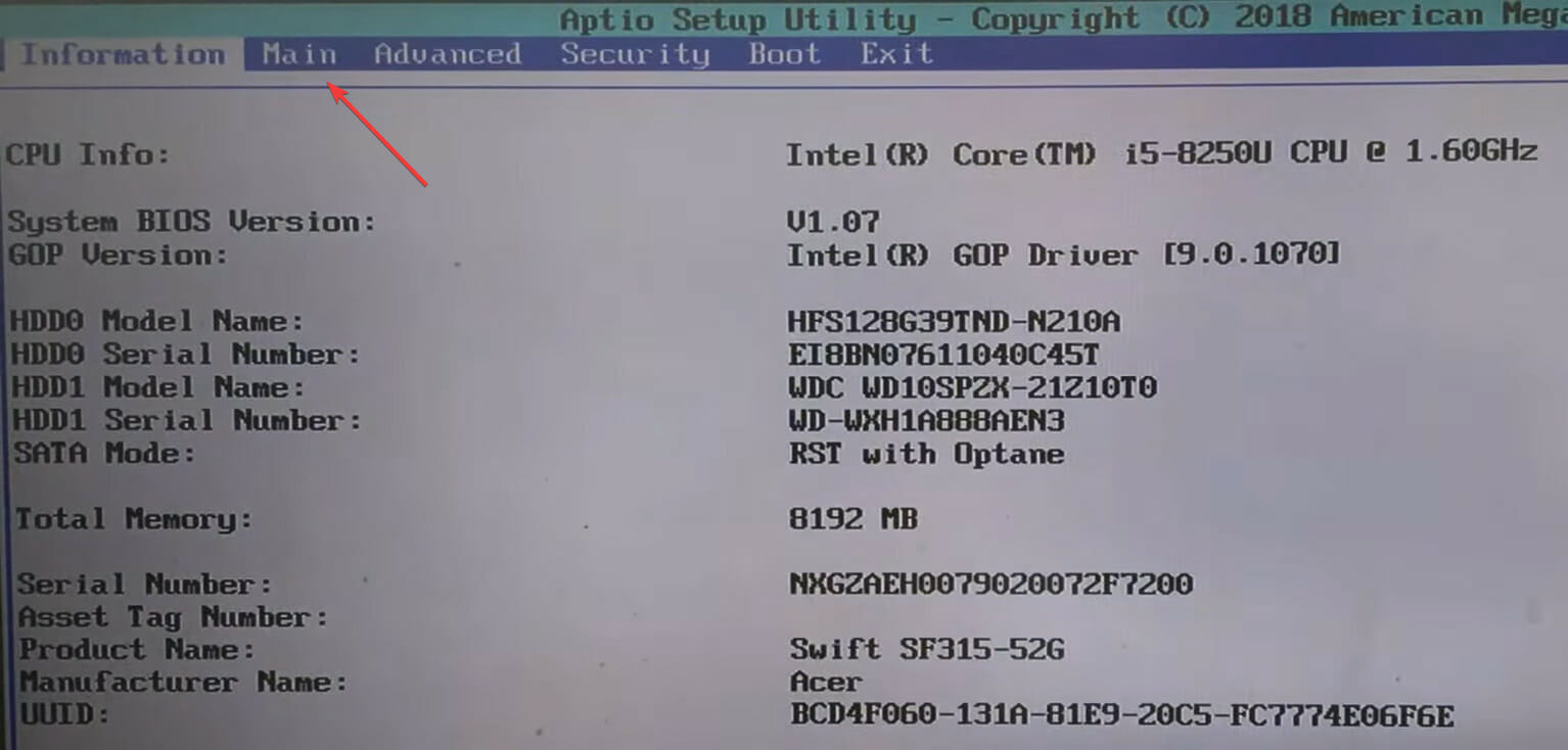 BIOS Main tab principal