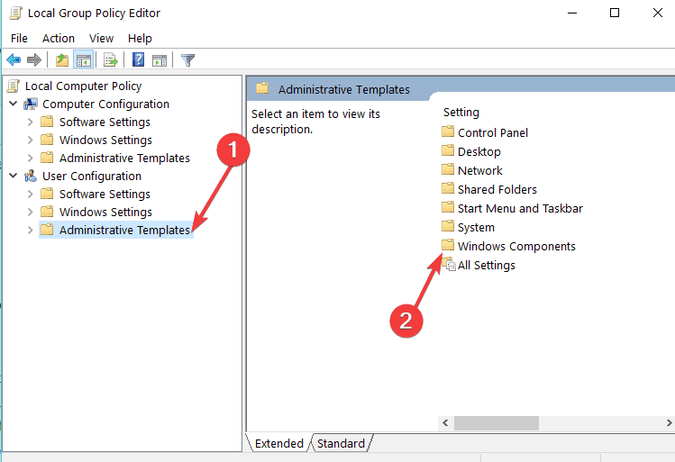componentes do Windows do editor de política de grupo