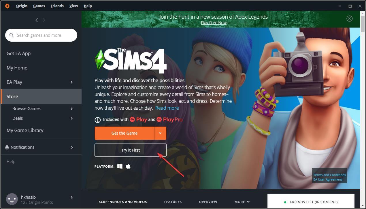 clicking try first sims 4
