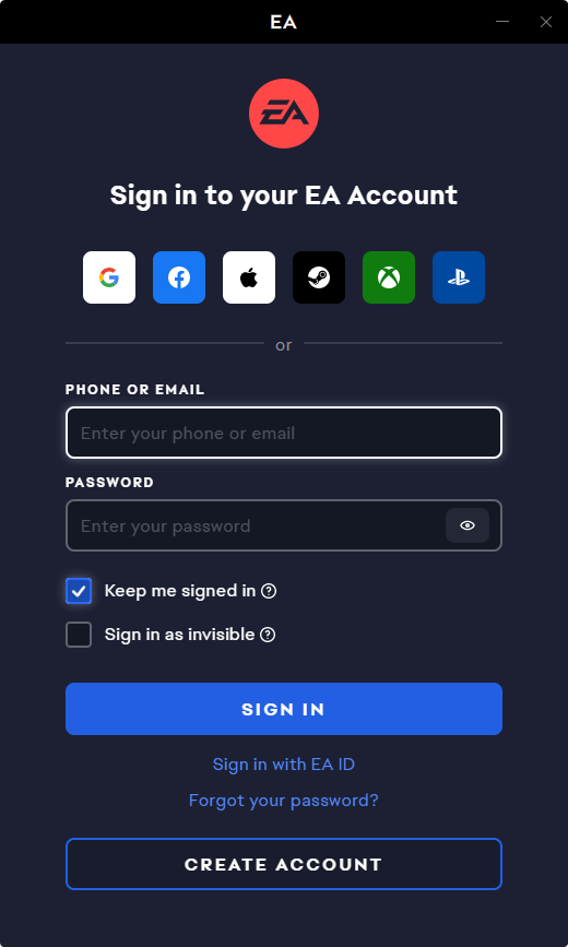 ea sign app in page