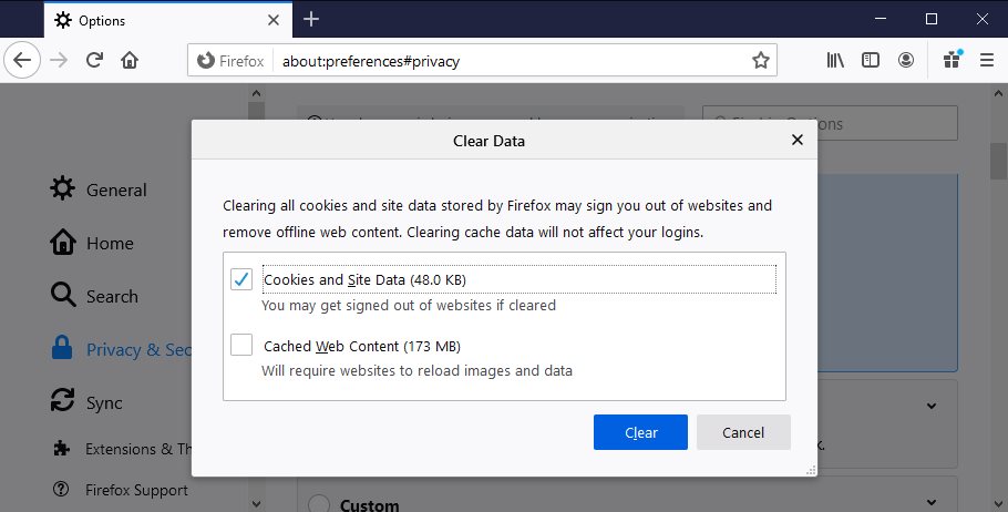 clear cookies in Firefox