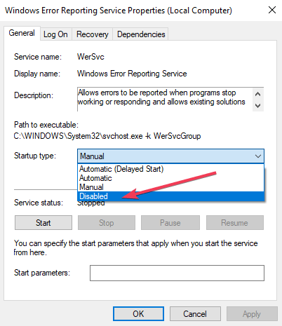 disable windows error reporting service
