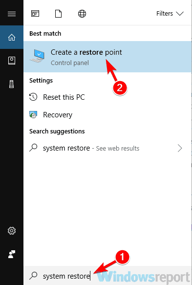 create a restore point create restore point search results inverted colors on Windows 10
