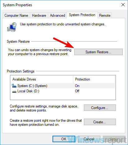 system properties window system restore button inverted colors on Windows 10