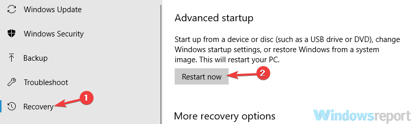 advanced startup section restart button inverted colors