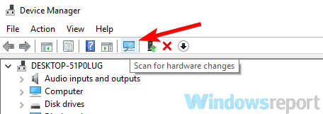 scan for hardware changes hardware changes icon inverted colors on Windows 10