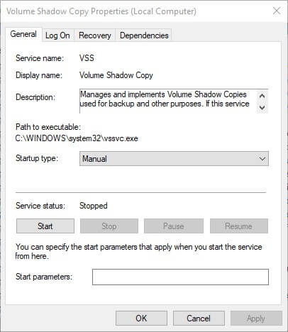 volume shadow copy volume shadow copy properties error 0x80070780