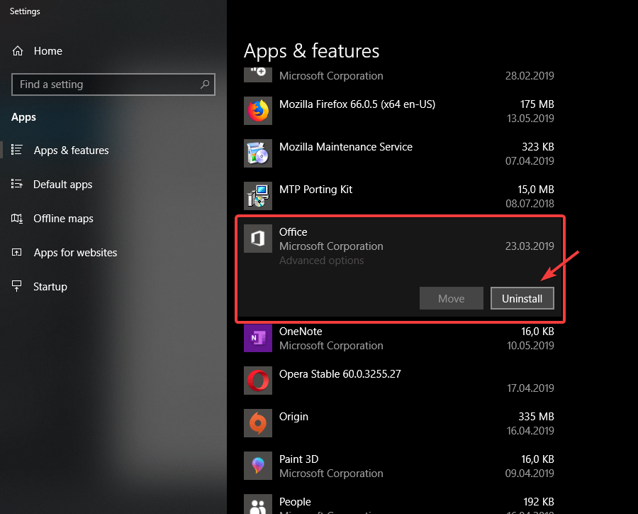 uninstall office server execution failed outlook application