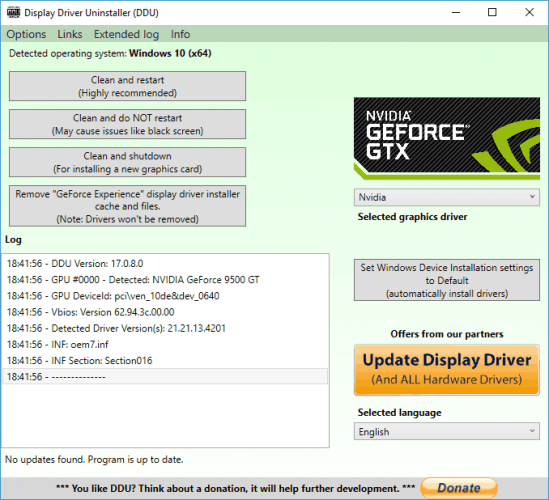 display driver uninstaller display driver uninstaller main window NVIDIA GeForce Experience error code 0x0001