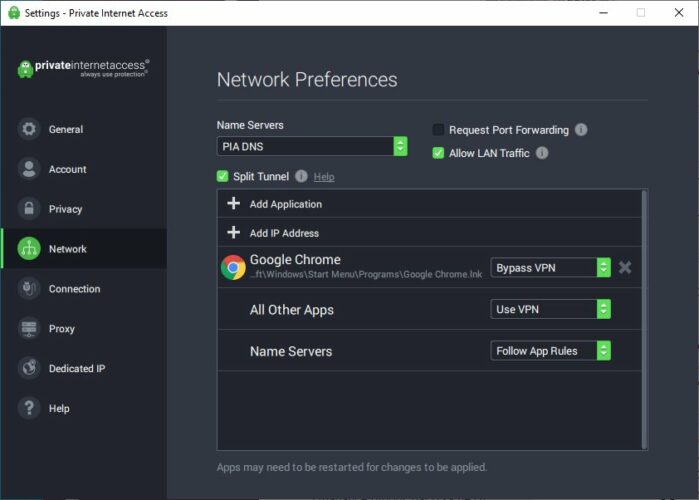 enable PIA split tunneling for Google Chrome