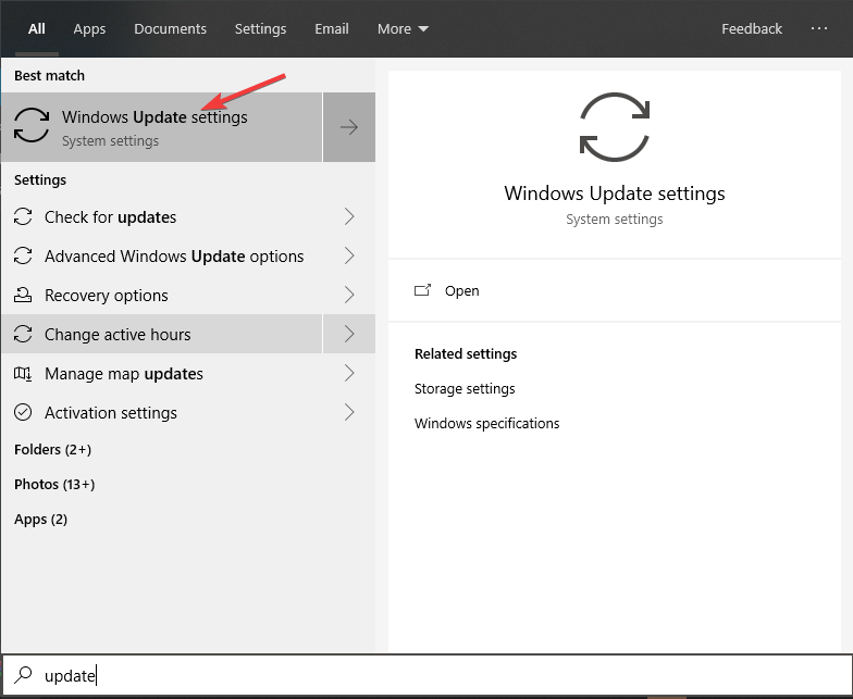 Windows Update settings in Cortana search windows update in cortana - Something went wrong fingerprint