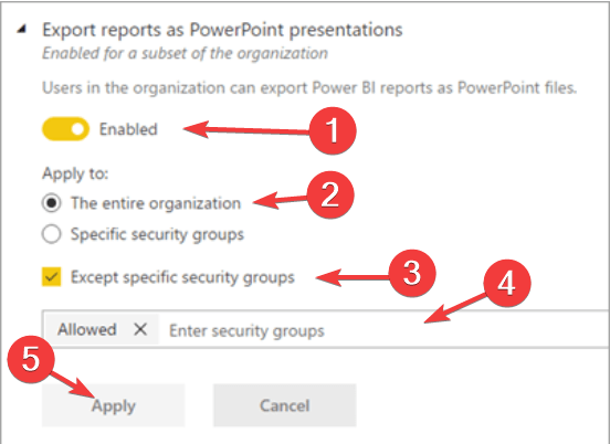 power bi export enabled except