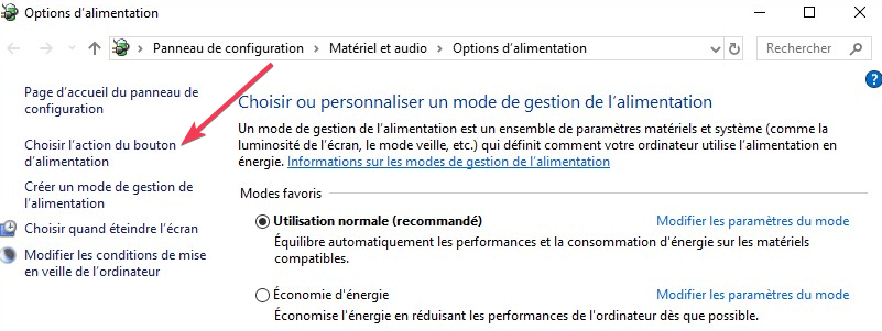 Choisir l'action du bouton d'alimentation
