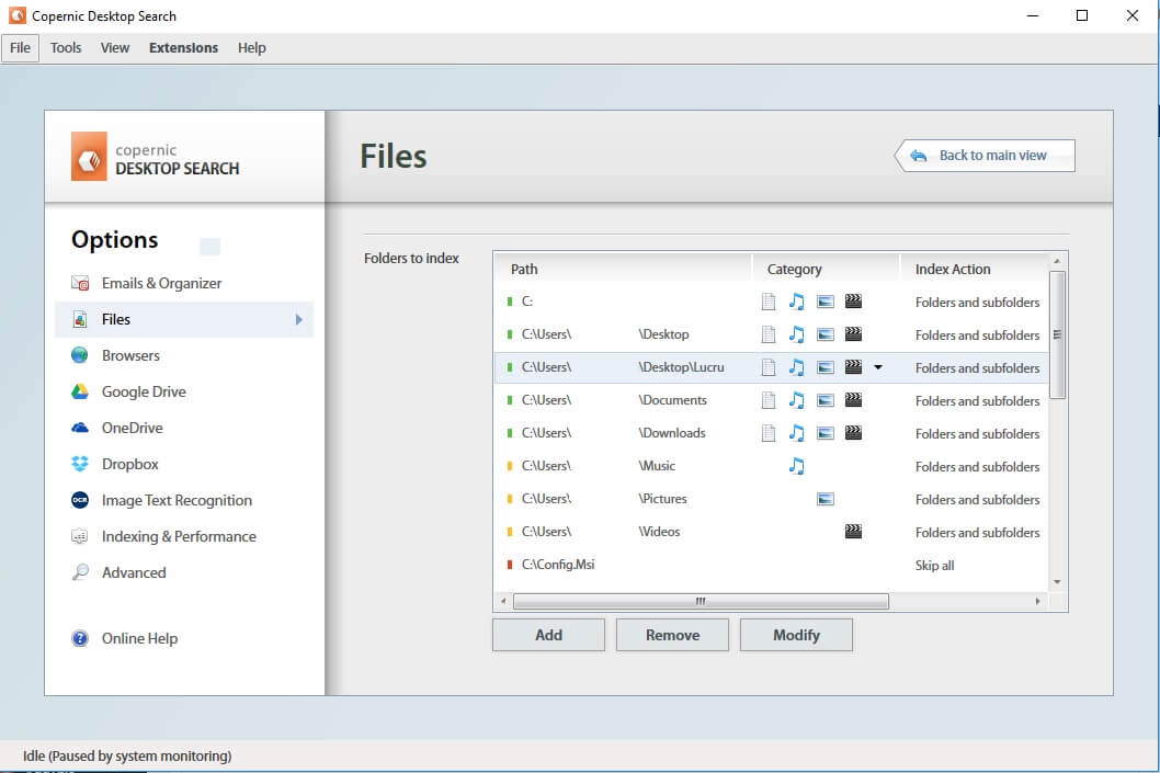 copernic desktop search choose index folders