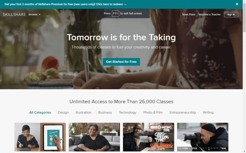 The Skillshare homepage