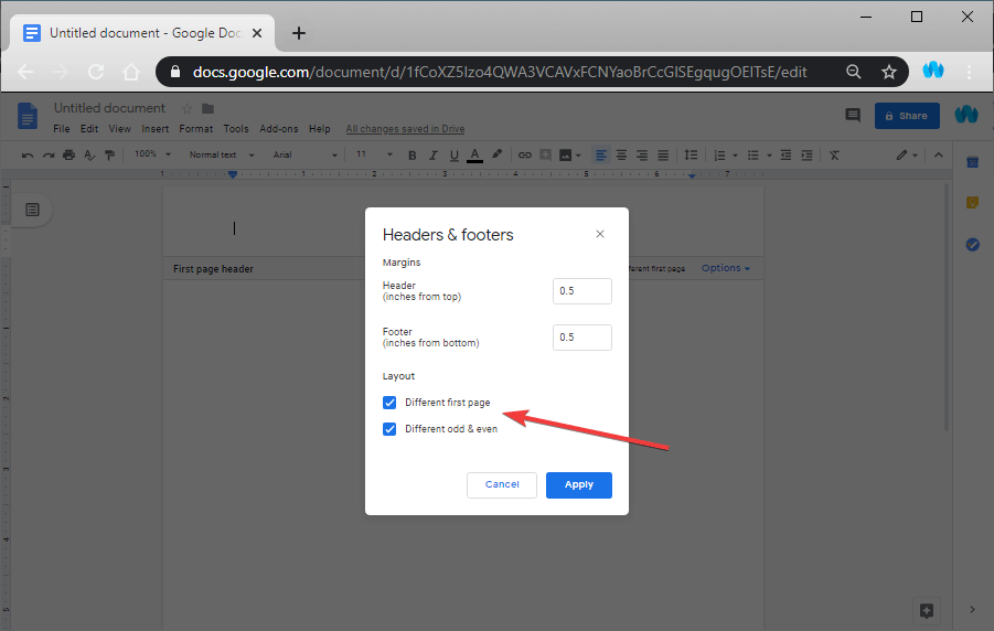 Google Docs header select different headers for first page