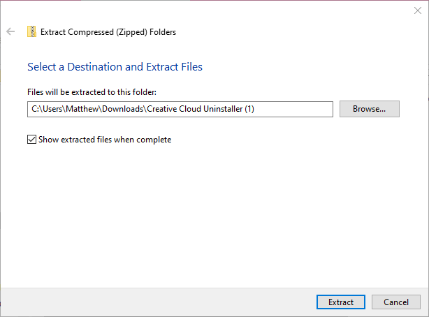 The Extract Compressed Folders window Extract Compressed Folders window creative cloud desktop app is blank