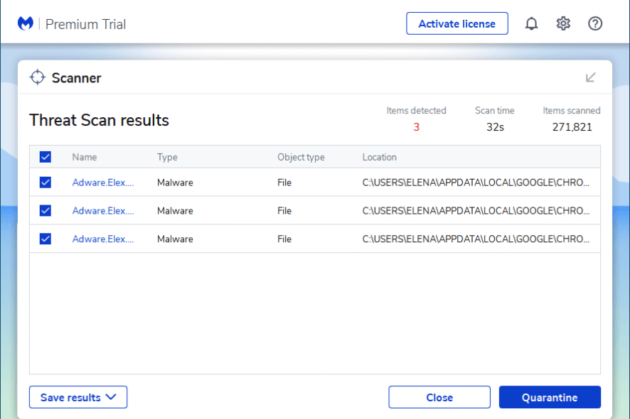 Malwarebytes scan results