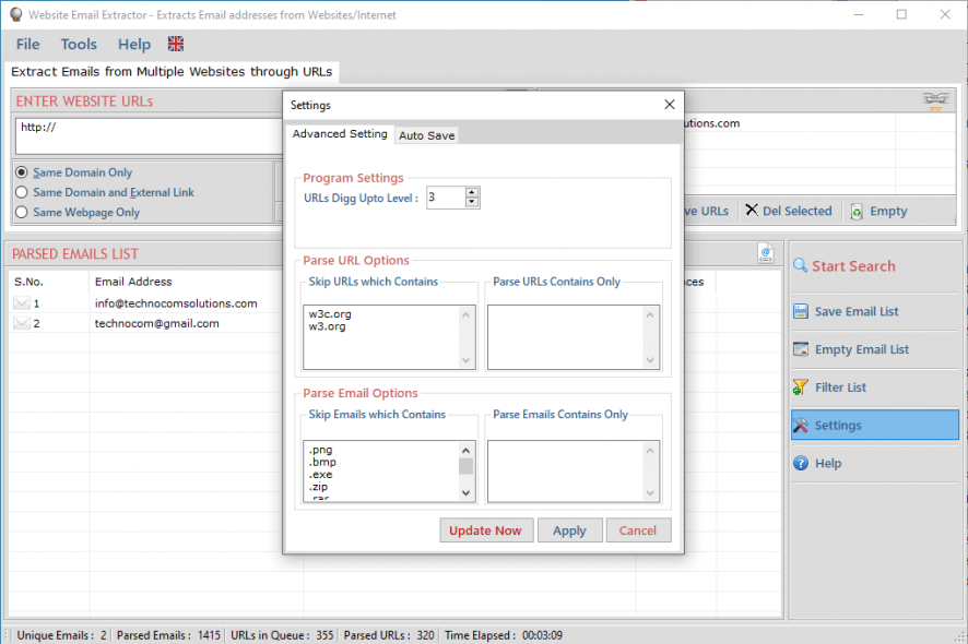 Technocom Website Email Extractor settings