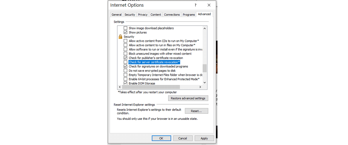 uncheck server certificate revocation to fix aol connection error disable server certificate revocation to fix aol connection issue