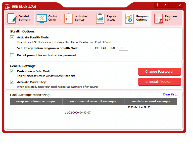 USB Block program options