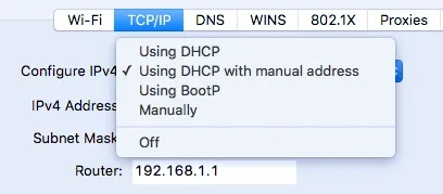 TCP/IP tab use dhcp with manual address macbook wifi shows exclamation mark