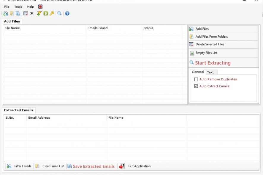 Interface of Technocom Email Extractor File