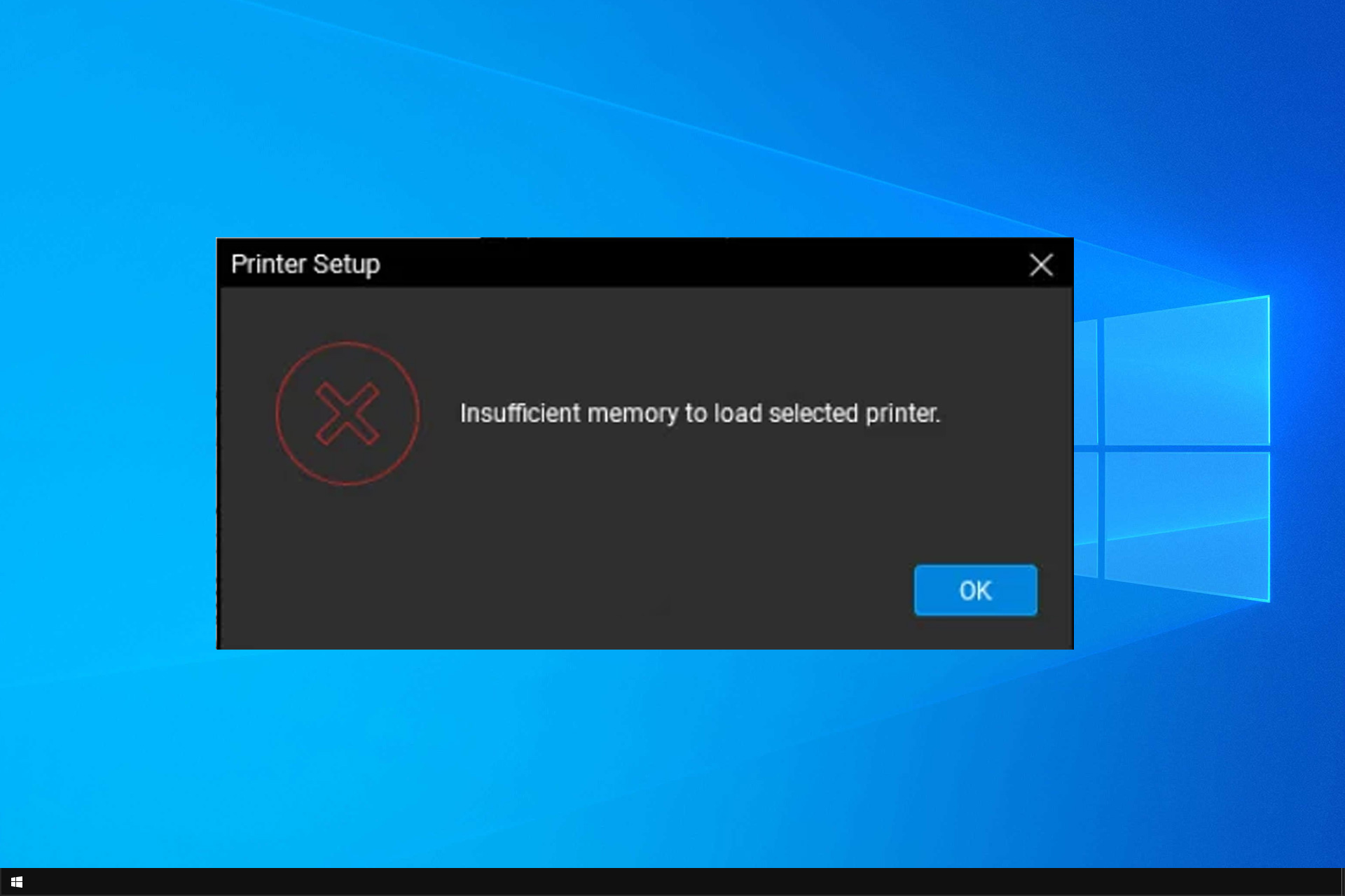 insufficient memory to load selected printer