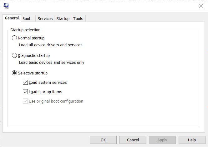 The General tab in MSConfig The General tab origin in game overlay not working