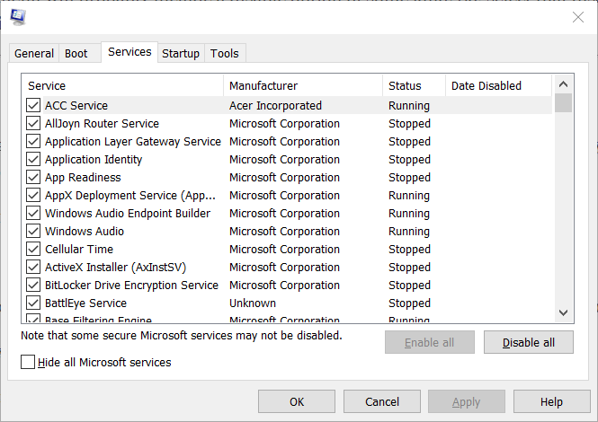 The Services tab in MSConfig The Services tab origin in game overlay not working