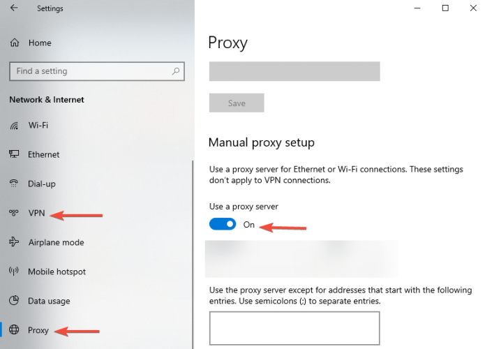 turn on the use a proxy server setting