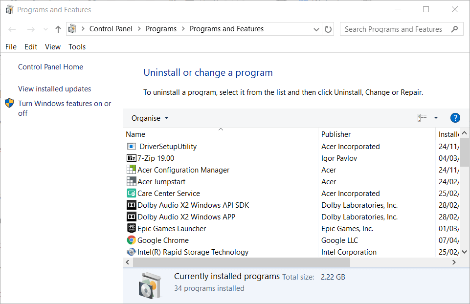 The Programs and Features applet Programs and Features applet origin in game overlay not working