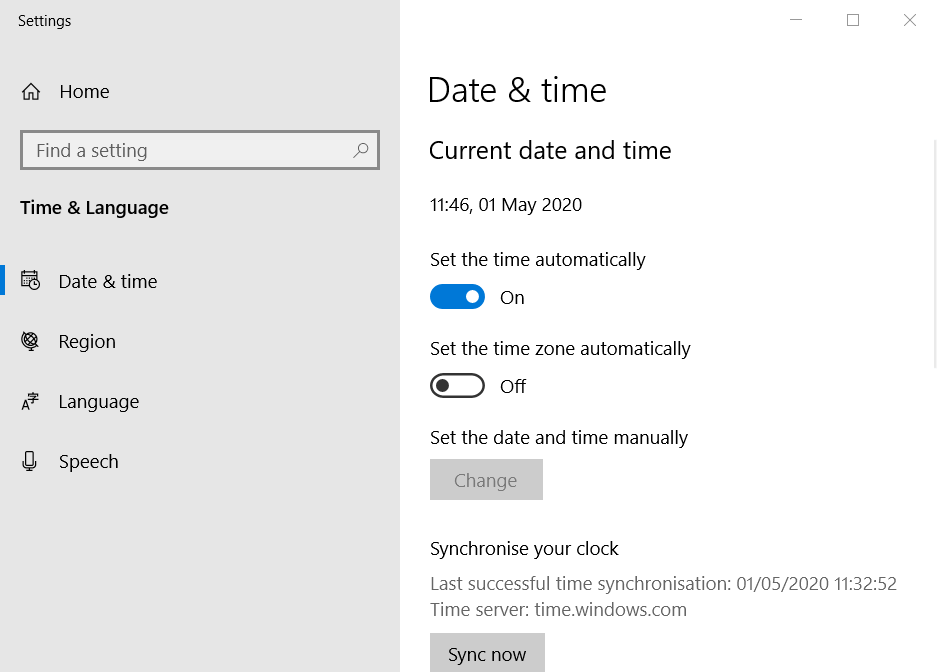 Date & time settings in Windows 10 Date & time settings hulu error 5005, 5003