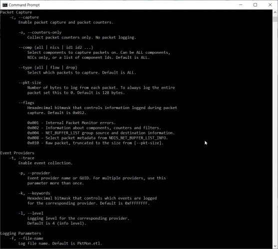 pktmon start help command window