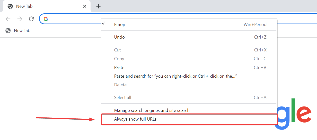 chrome show full url toggle on