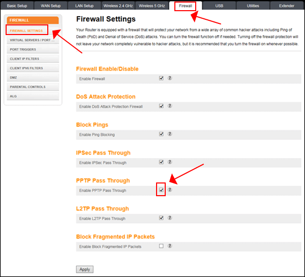 allow PPTP passthrough on Arris router