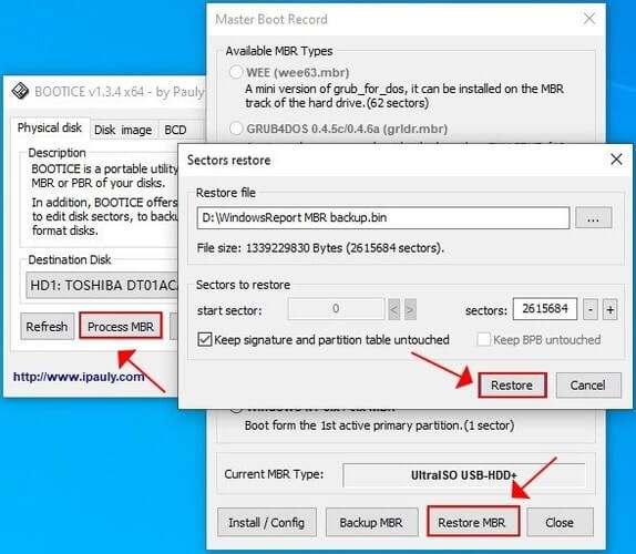 restore MBR with Bootice