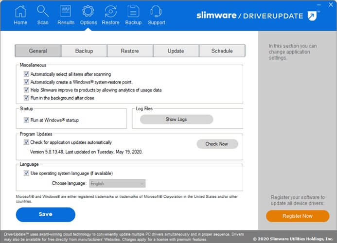 Options menu DriverUpdate