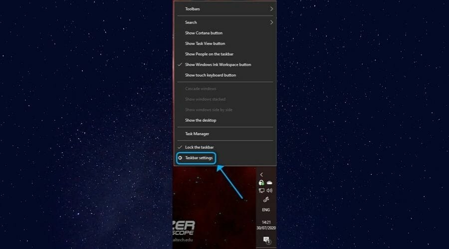 Taskbar settings menu