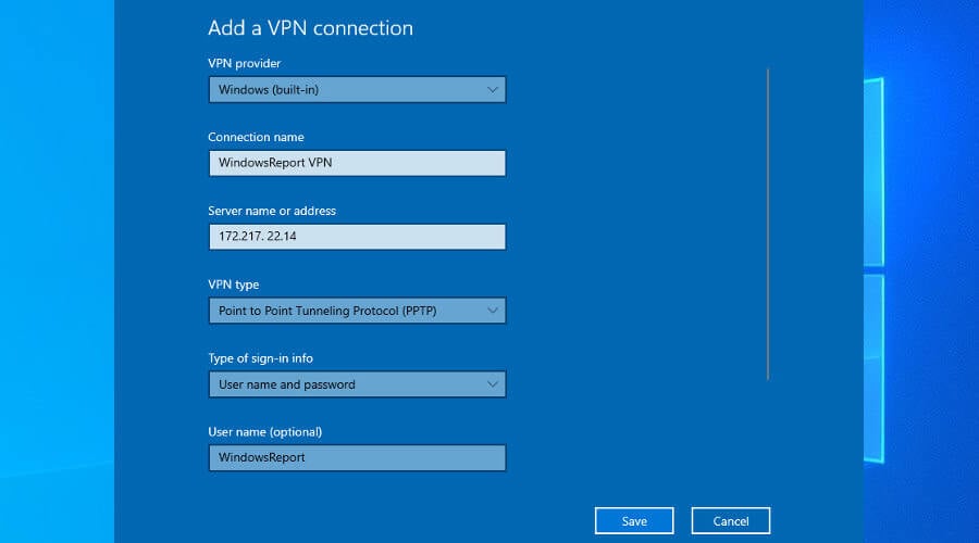 create a VPN conection on Windows 10