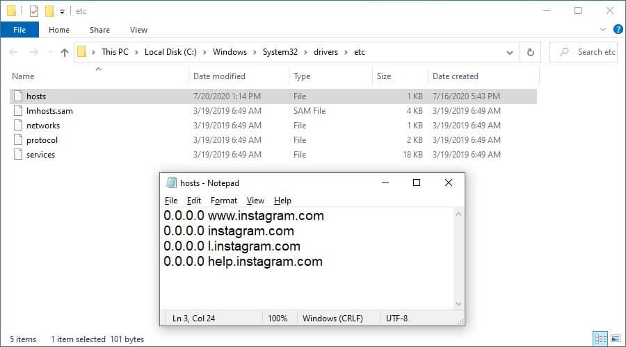remove Instagram from the Windows 10 hosts file