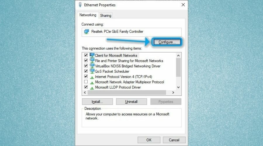 Ethernet properties Configure button