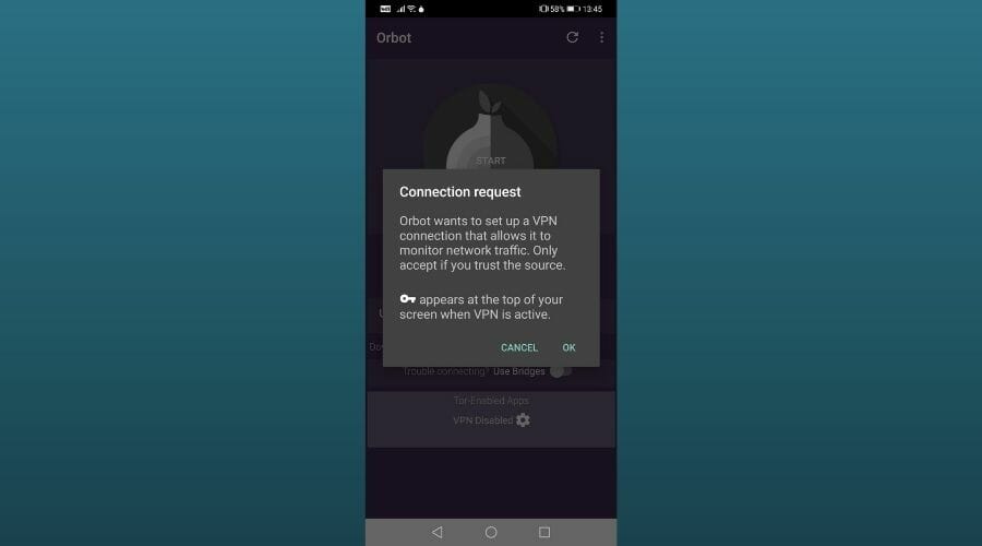 Orbot VPN connection request