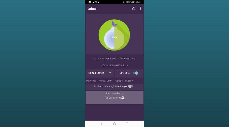 Orbot VPN enabled and connected