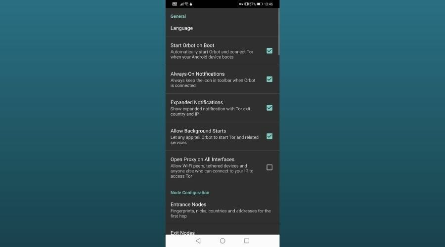 Orbot VPN settings