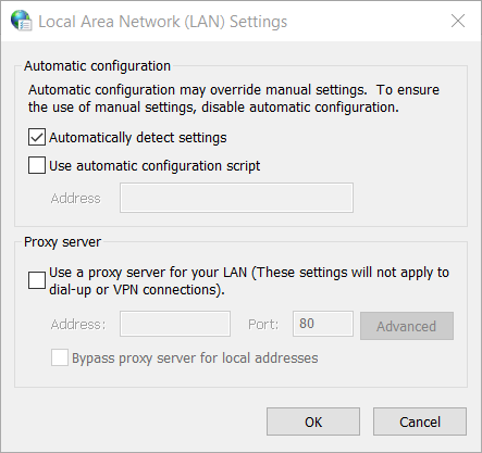 The Local Area Network Settings window Local Area Network Settings window How to fix recover webpage error in internet explorer