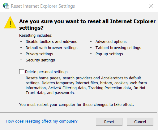 The Reset Internet Explorer Settings window Reset Internet Explorer Settings How to fix recover webpage error in internet explorer