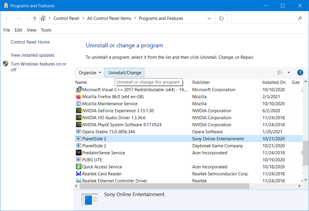 The Programs and Features applet Programs and Features applet xapofx1_1.dll problem