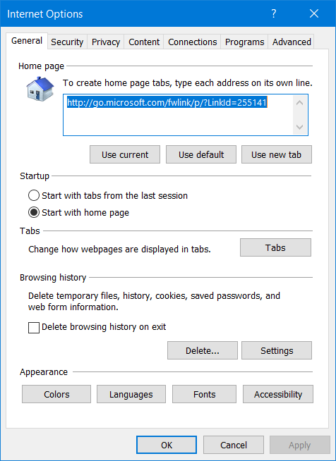 Internet Options window remove tracking cookies internet explorer