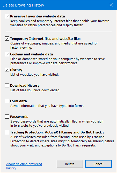 Delete Browsing History tool remove tracking cookies internet explorer